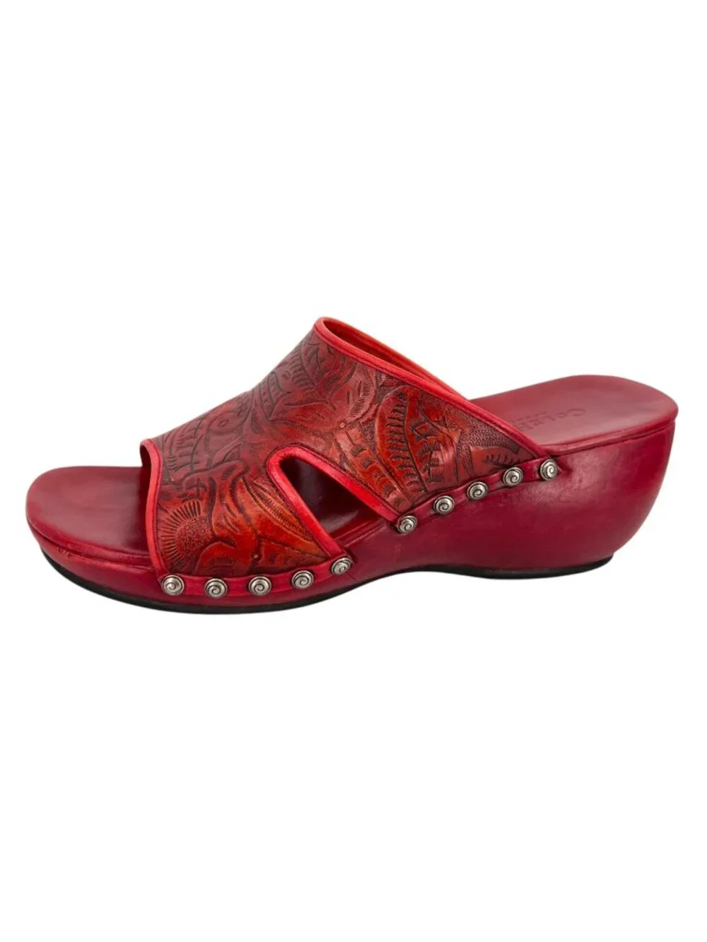 Cole Haan Red Tooled Boho Leather Slide-On Wedge Sandal Rivet Accents Size 8.5